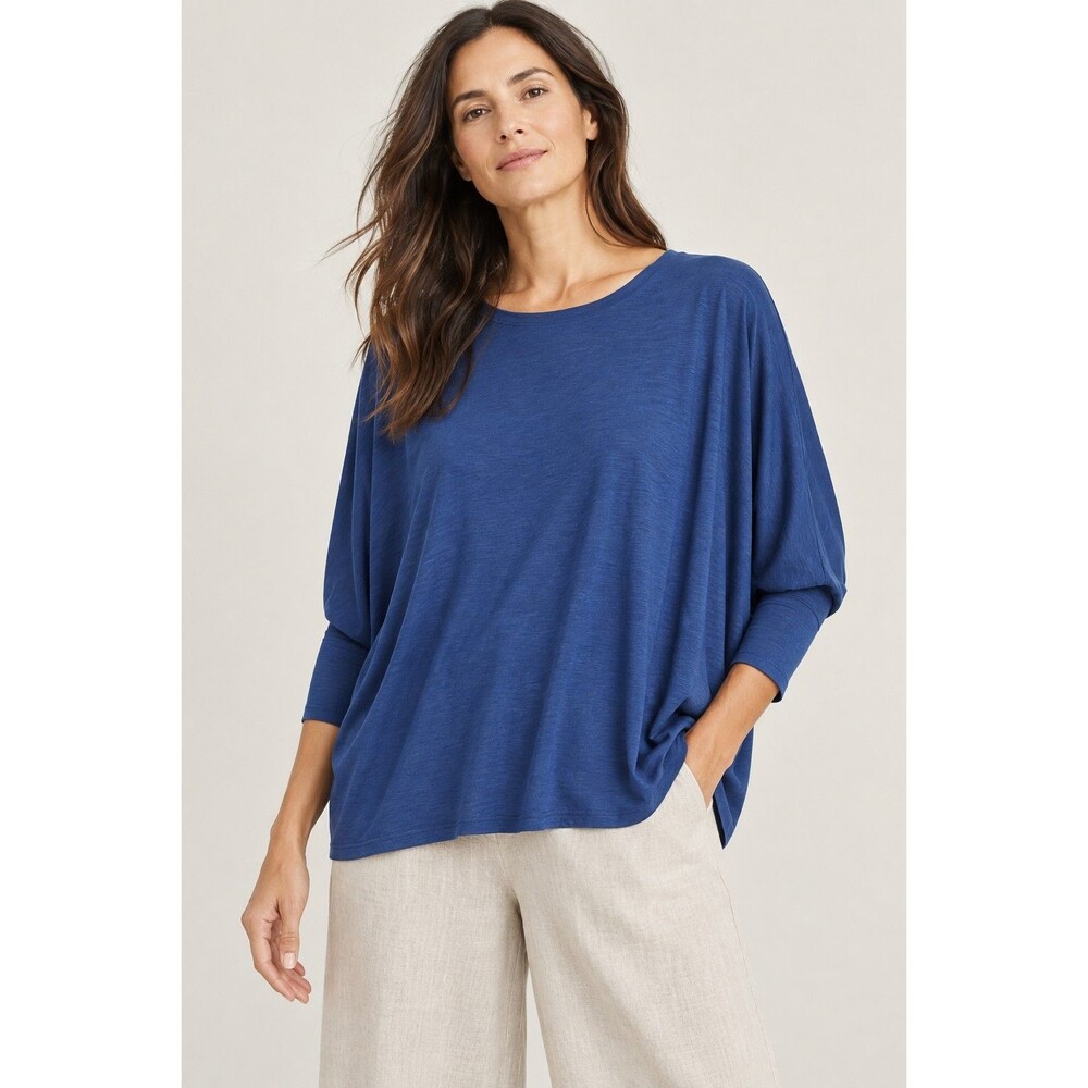 Eileen Fisher Silk Blend Batwing Dolman Sleeve Blue Top Minimalist Feminine Sz L